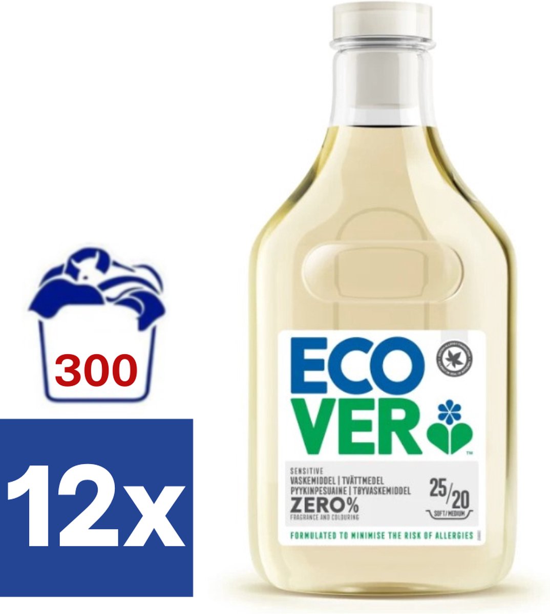 Ecover Zero% Vloeibaar Wasmiddel (Voordeelverpakking) - 12 x 1 l (300 wasbeurten)