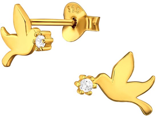 Joy|S - Zilveren vogel oorbellen - 6 x 10 mm - zirkonia - oorknoppen duif - 14k goudplating