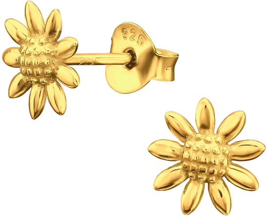 Joy|S - Zilveren bloem oorbellen - 7.5 mm - zonnebloem - 14k goudplating / goldplated