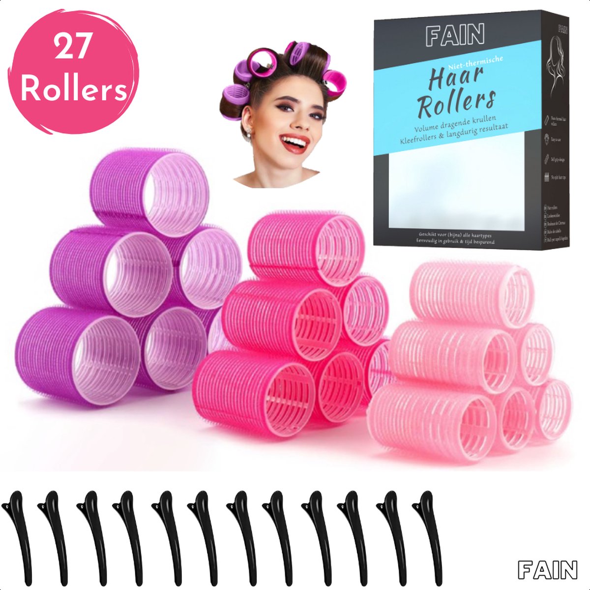 Fain Krulspelden – 39 Delig – Incl. Haarrollers & Haarklemmen – Roze/ Paars - Krullen Zonder Hitte – Heatless Curls – Krullen - Kleefrollers Jumbo – Krulspelden Rollers – Haarrollers Groot - Haarkruller