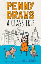 Boekomslag Penny Draws a Class Trip met een getekend meisje met NYC-pet, een hond en een schets van een stad.