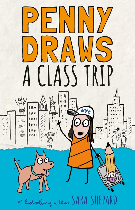 Boekomslag Penny Draws a Class Trip met een getekend meisje met NYC-pet, een hond en een schets van een stad.