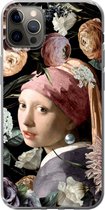 Geschikt voor iPhone 12 Pro Max hoesje - Meisje met de parel - Bloemen - Vermeer - Pastel - Kunstwerk - Schilderij - Oude meesters - Siliconen Telefoonhoesje