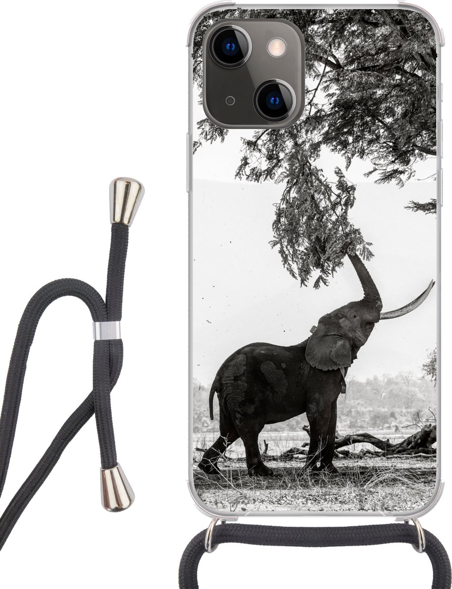 Telefoonhoesje Geschikt voor iPhone 13 Mini - Olifant - Boom - Dieren - Zwart wit - Siliconen - Crossbody - Backcover met Koord - Telefoonhoesje met koord - Hoesje met touw Telefoonhoesje