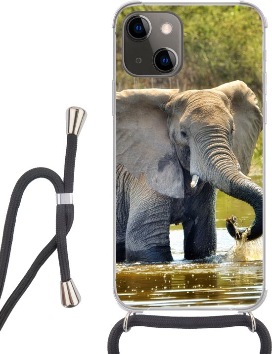 Coque de téléphone compatible avec iPhone 13 - Éléphant - Water - Animaux - Nature - Siliconen - Bandoulière - Coque arrière avec cordon - Coque de téléphone avec cordon - Coque avec corde