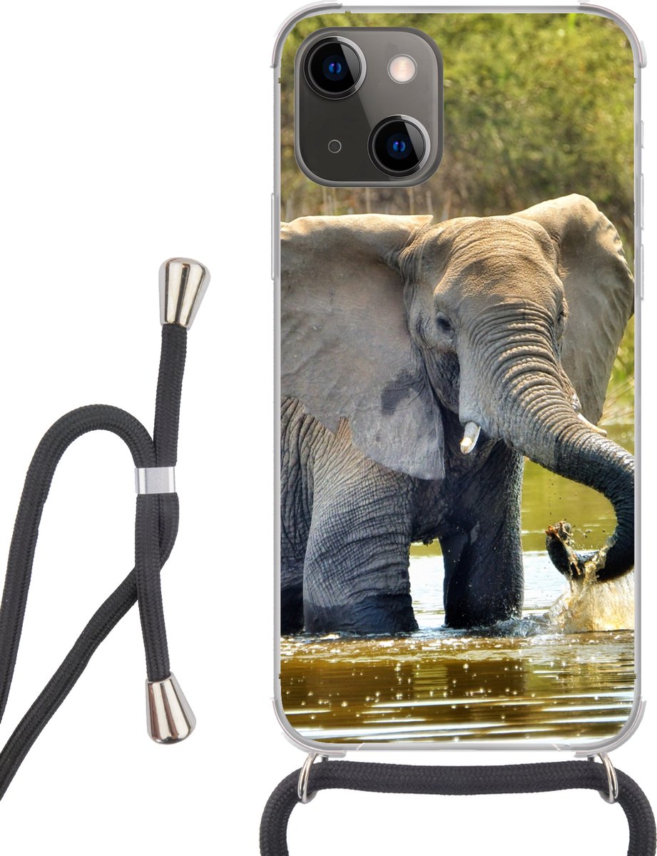 Telefoonhoesje Geschikt voor iPhone 13 - Olifant - Water - Dieren - Natuur - Siliconen - Crossbody - Backcover met Koord - Telefoonhoesje met koord - Hoesje met touw Telefoonhoesje