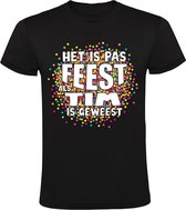 Het is pas feest als Tim is geweest Heren T-shirt - carnaval - feestje - party - confetti - festival - humor - grappig