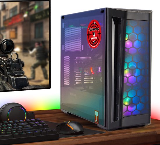 Zwarte gaming pc-behuizing van ScreenON met glazen zijpaneel en drie RGB-ventilatoren aan de voorkant, naast een gaming toetsenbord en muis.