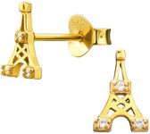 Joy|S - Zilveren eiffeltoren oorbellen - 5.5 x 8.5 mm - zirkonia - oorknoppen - 14k goudplating / goldplated