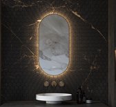 Ovale badkamerspiegel met indirecte verlichting, verwarming, touch sensor, kleurenwissel en messing frame 40×90 cm