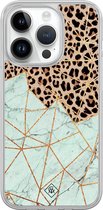 Casimoda® hoesje - Geschikt voor iPhone 14 Pro - Luipaard Marmer Mint - 2-in-1 case - Schokbestendig - Luipaardprint - Verhoogde randen - Mint, Transparant