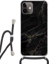 Hoesje met koord Geschikt voor iPhone 12 Mini - Marmer print look - Luxe - Zwart - Goud - Siliconen - Crossbody - Backcover met Koord - Telefoonhoesje met koord - Hoesje met touw