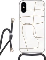 Hoesje met koord Geschikt voor iPhone X - Kunst - Bruin - Wit - Abstract - Siliconen - Crossbody - Backcover met Koord - Telefoonhoesje met koord - Hoesje met touw