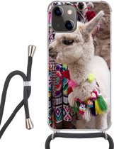 Hoesje met koord Geschikt voor iPhone 13 Mini - Alpaca - Ketting - Kleuren - Siliconen - Crossbody - Backcover met Koord - Telefoonhoesje met koord - Hoesje met touw