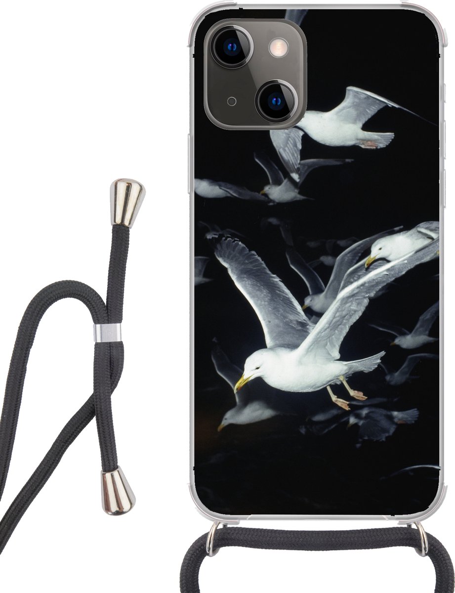 Telefoonhoesje Geschikt voor iPhone 13 - Vogel - Zwart - Zwerm - Siliconen - Crossbody - Backcover met Koord - Telefoonhoesje met koord - Hoesje met touw Telefoonhoesje