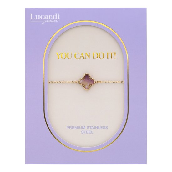 Lucardi Dames Succes wensen cadeau - Stalen goldplated armband met amethyst op kaartje - Armband - Staal - Goudkleurig - 20 cm