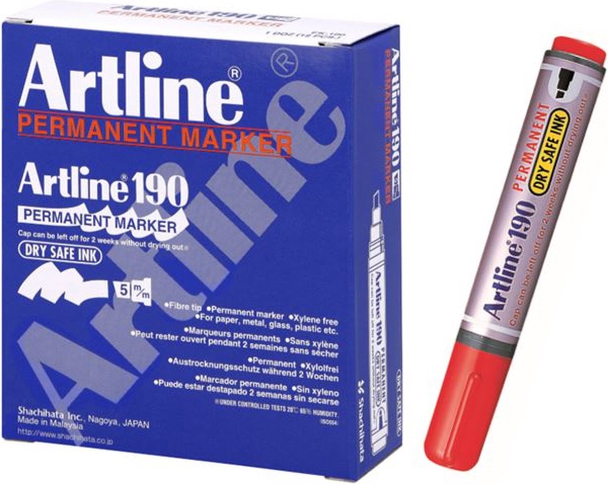 ARTLINE Drysafe 190 - Permanent Marker - Doos van 12 stuks - 2,0-5,0mm Lijndikte - Rood