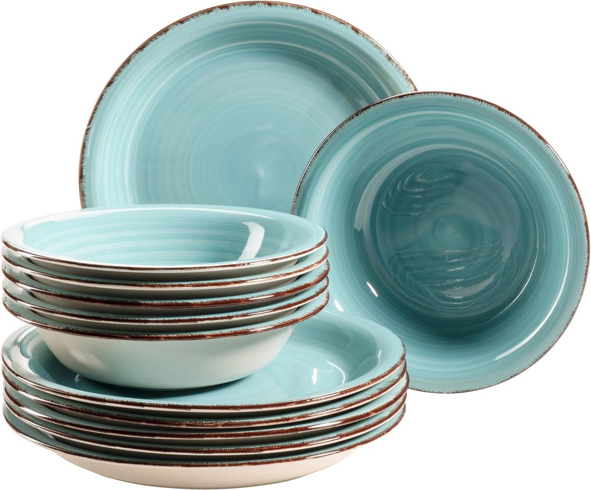 Bordenset voor 6 personen in moderne vintage look 12-delig tafelservies handbeschilderd