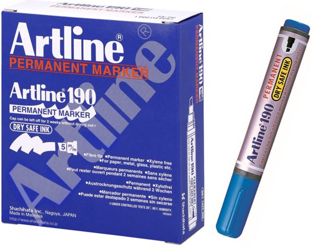 ARTLINE Drysafe 190 - Permanent Marker - Doos van 12 stuks - 2,0-5,0mm Lijndikte - Blauw