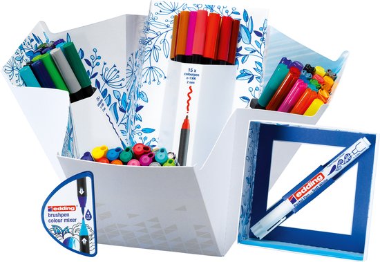 edding Colour Happy grande coffret - étui de 70 - stylo pinceau, stylo couleur, stylo pastel, feutre fin - mélangeur couleur dégradé - grand ensemble - pour le dessin, peinture, lettrage, bulletins