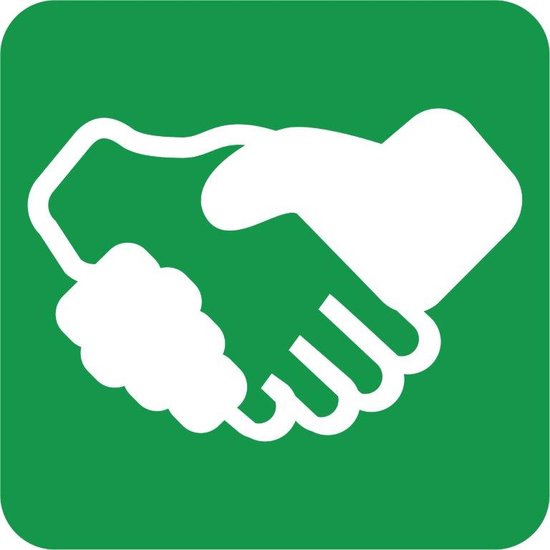 Icône blanche de deux mains se serrant, sur fond vert.