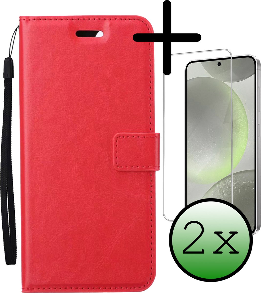 Hoesje Met 2x Screenprotector - Geschikt voor Samsung Galaxy S24 - Luxe Pasjeshouder - Bookcase Portemonee - Flip Case - Kunstleer Book Case - Flipcase Hoes - Book Cover - Walletcase - Portemonneehoes - Rood