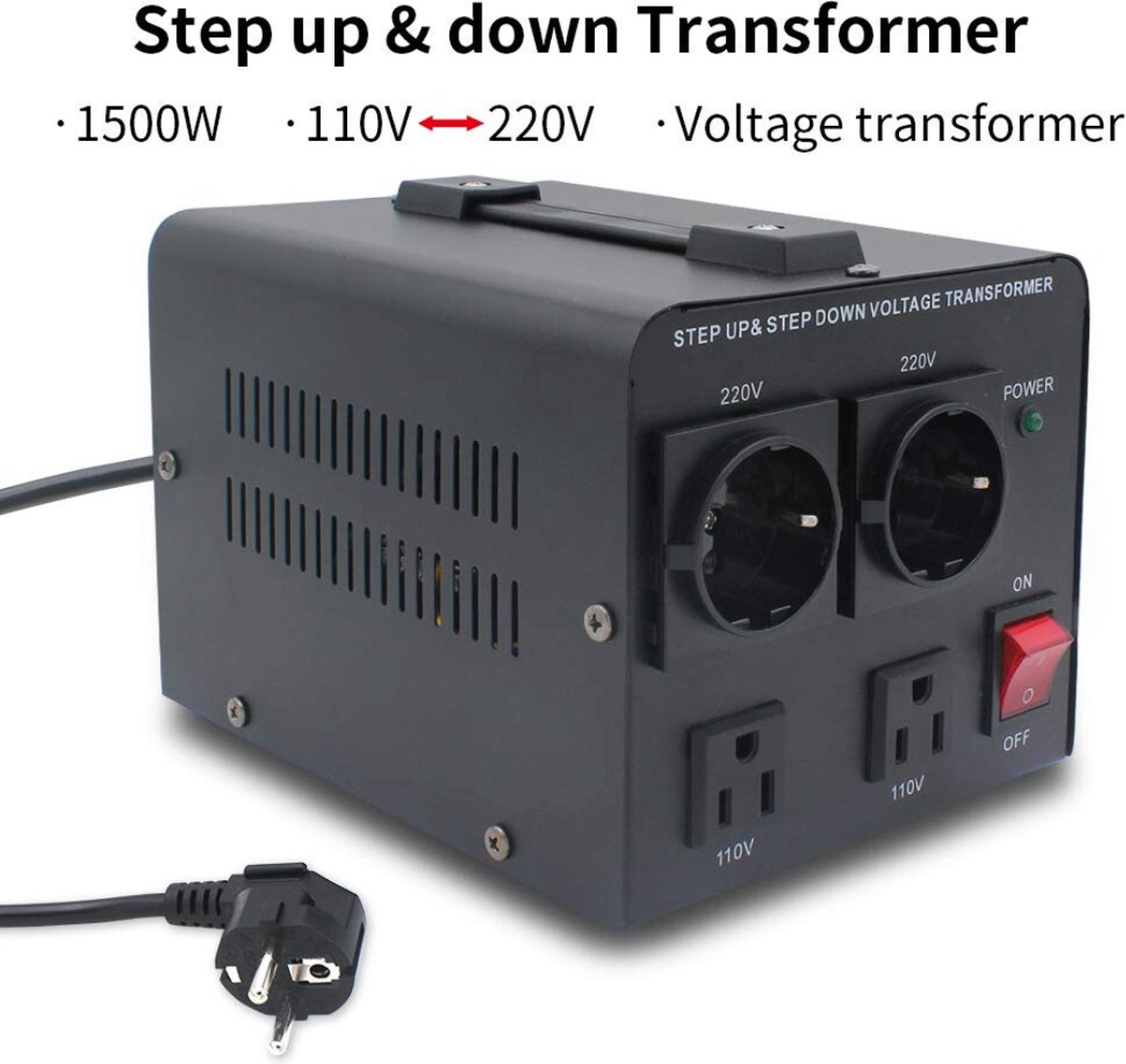 1500VA Step Up/Step Down Vermogenstransformator, 110V Naar 220V En 220v Naar 110v Spanningsomvormer Met Amerikaanse En Europese Stopcontacten Netsnoer En Stroomonderbreker P 010870692341