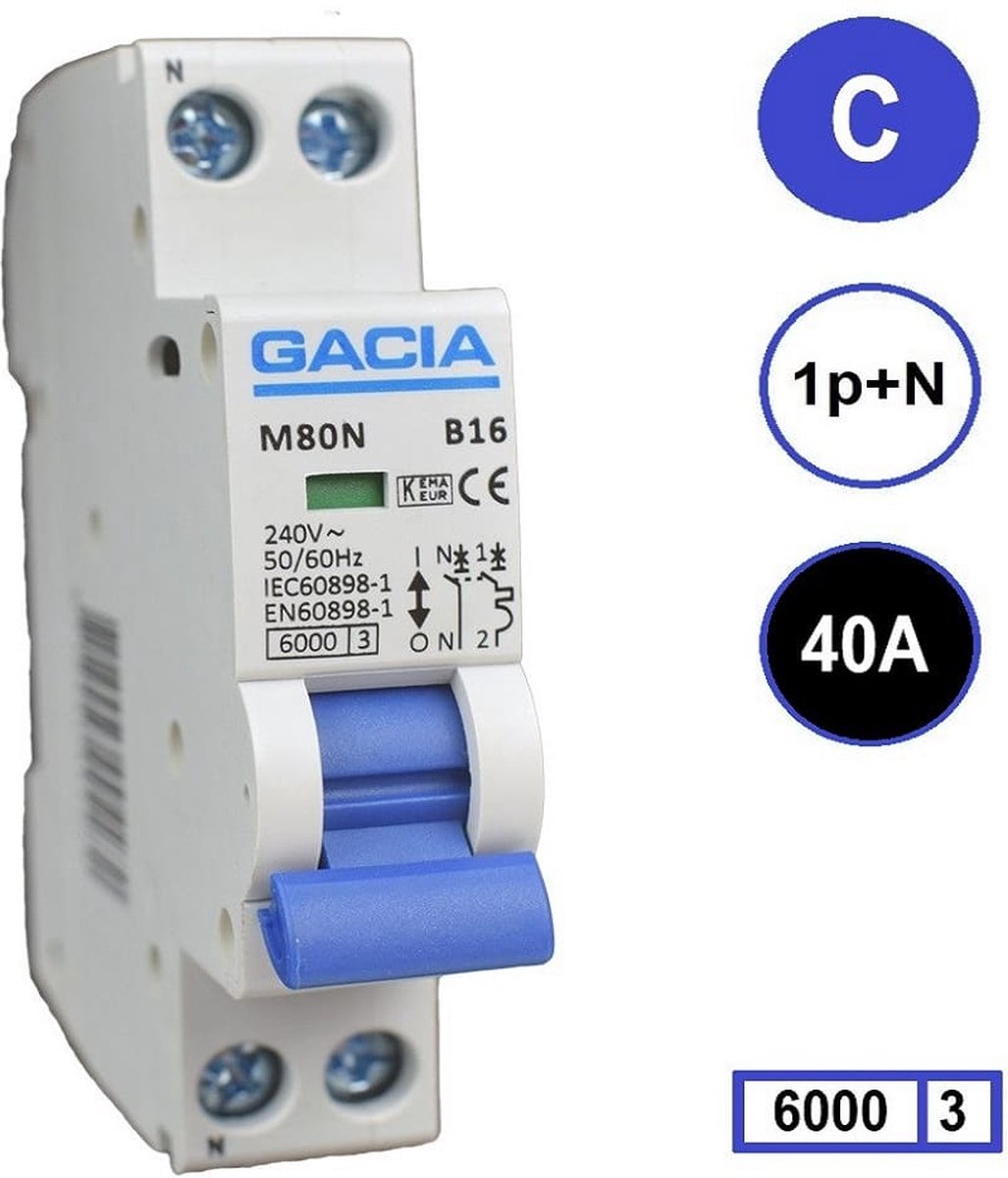 Gacia installatieautomaat 1P+N C40 6KA - M80N-C40