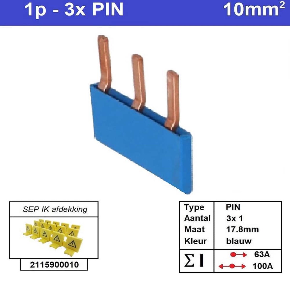 Sep kam pin 1 fase 3 polig 17,8mm blauw