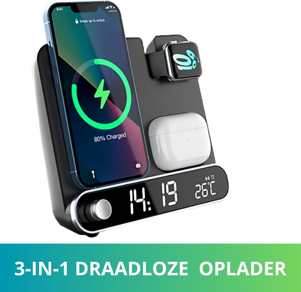 E-Intra-3 in 1 Draadloze Oplader - Oplaadstation Apple - Draadloze Oplader Samsung en Apple - Klok met Alarmfunctie - 15W Wireless Charger - Temperatuursensor