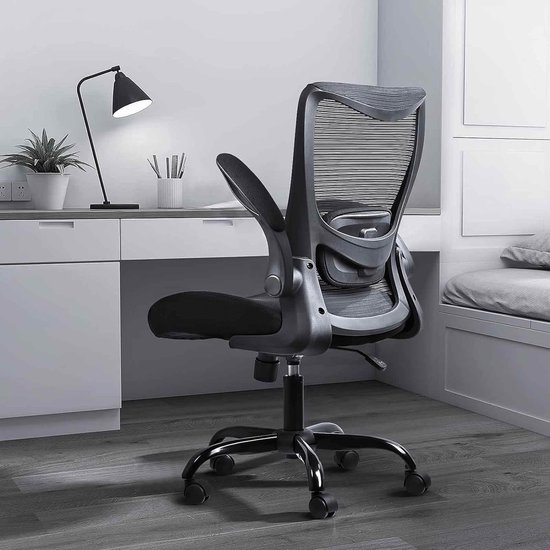 SONGMICS Ergonomic Office Chair, Mesh Swivel Chair, Lumbar Support, Rocker Function, Seat 53 cm, Folding Armrests, Study and Bedroom, Students, Black and White OBN37WTV2