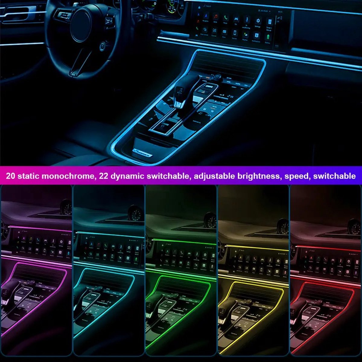 Ambient verlichting voor in de Auto - Sfeer verlichting interieur auto - Auto Sfeer Neon Verlichting Kit - Led strips - Led light strip - Auto Accessories - USB plug - 12V - Bestuur via App en Afstandsbediening