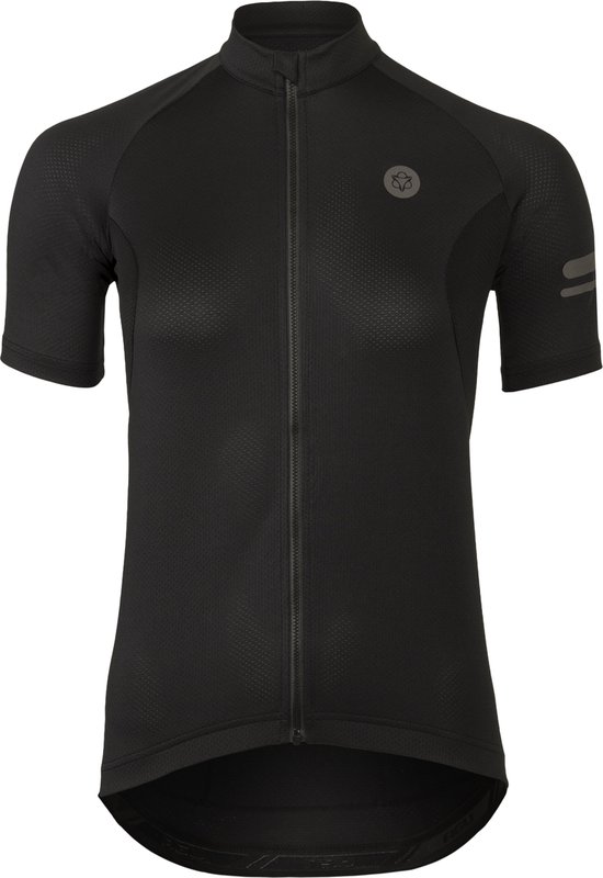 Zwarte fietstrui met korte mouwen, ritssluiting, logo op borst, reflecterende strepen op mouw en ronde zoom.