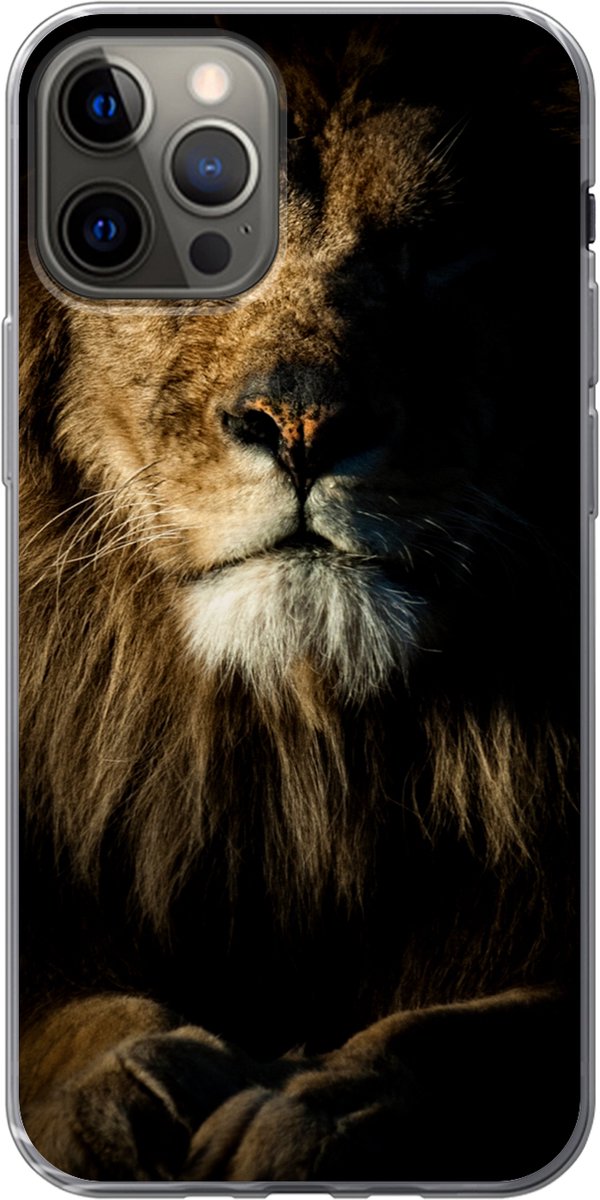 Telefoonhoesje Geschikt voor iPhone 12 Pro hoesje - Leeuw - Licht - Zwart - Siliconen Telefoonhoesje Telefoonhoesje