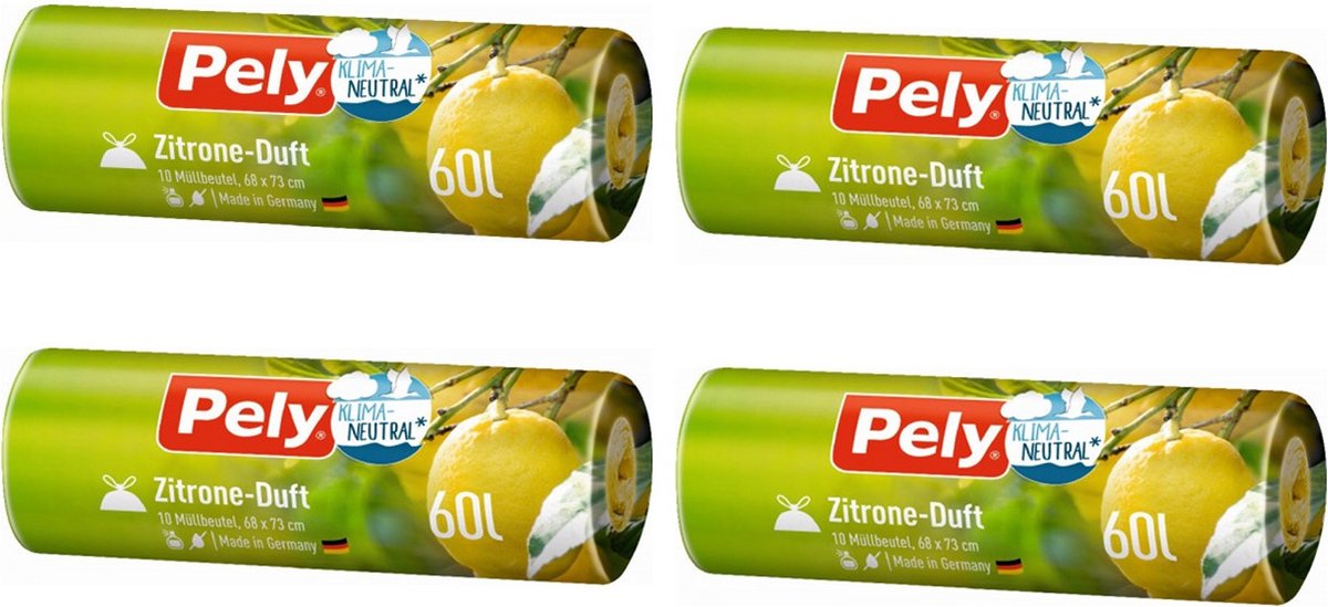 Goedkoopste Pely® | 4 x 10 stuks geparfumeerde vuilniszakken met trekband | 60 liter | met citrus geur | 68 x 73 cm | klimaat neutraal |