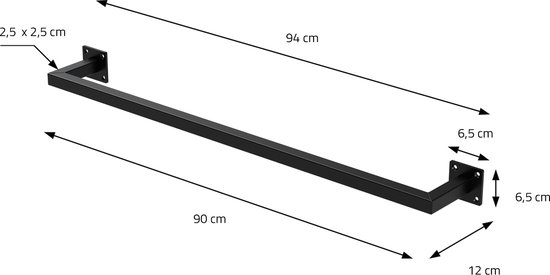 Rechthoekige kledingstang voor wand 12x90 cm Zwart staal ML-Design