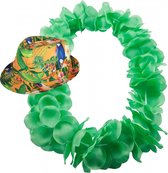 Ensemble d'habillage de party à thème hawaïen - Chapeau imprimé Tropical - couronne florale vert fluo - Toppers Tropical - pour adultes