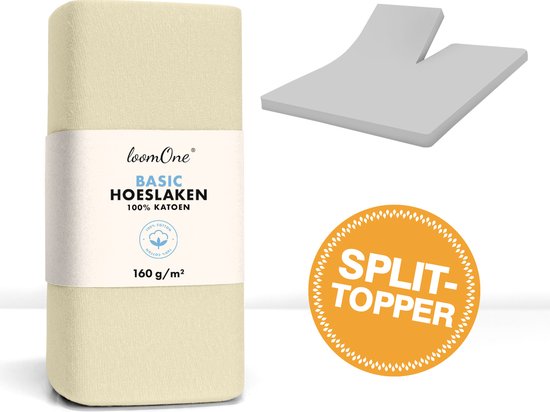 Loom One Hoeslaken Splittopper – 100% Jersey Katoen – 200x200 cm – tot 10cm matrasdikte– 160 g/m² – Natural / Crème