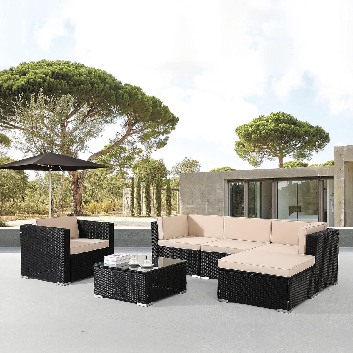Arebos Poly rotan tuinmeubelen Lounge | incl. zitkussen | met stoel | 5 personen | UV-bestendig polyrotan vlechtwerk | tafel met glasplaat | vrij te combineren | zwart