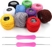 Kurtzy 10 Balles de Fil à crocheter Coloré - 2 Crochets Inclus (1mm & 2mm) - Chaque Pelote de Fil pèse 20gr. – Total 1500 m de Fils à coudre de Katoen coloré