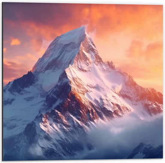 Dibond - Bergen - Sneeuw - Zonsondergang - Kleuren - 50x50 cm Foto op Aluminium (Wanddecoratie van metaal)