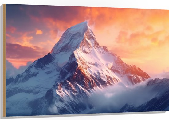 Hout - Bergen - Sneeuw - Zonsondergang - Kleuren - 120x80 cm - 9 mm dik - Foto op Hout (Met Ophangsysteem)