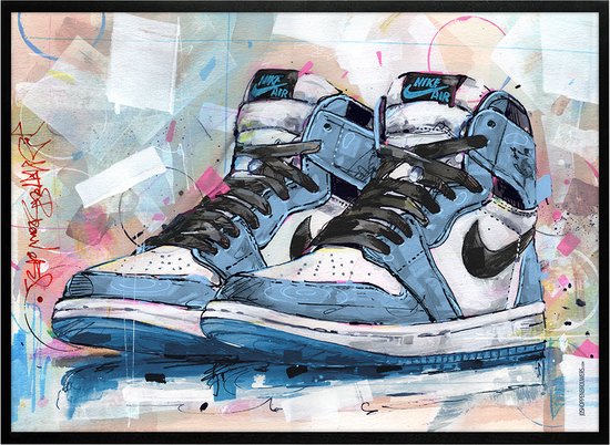 Sneaker print retro high university blue 71x51 cm *ingelijst & gesigneerd