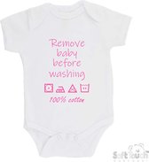 100% katoenen Romper "Remove baby before washing 100% cotton" Meisjes Katoen Wit/roze Maat 56/62