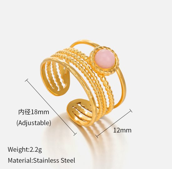 Ring - Rvs - goudkleurig – brede – verstrengeld motief met rozenkwarts – edelsteen - Verstelbare - Makkelijke voor mensen met moeilijke en artrose vingers