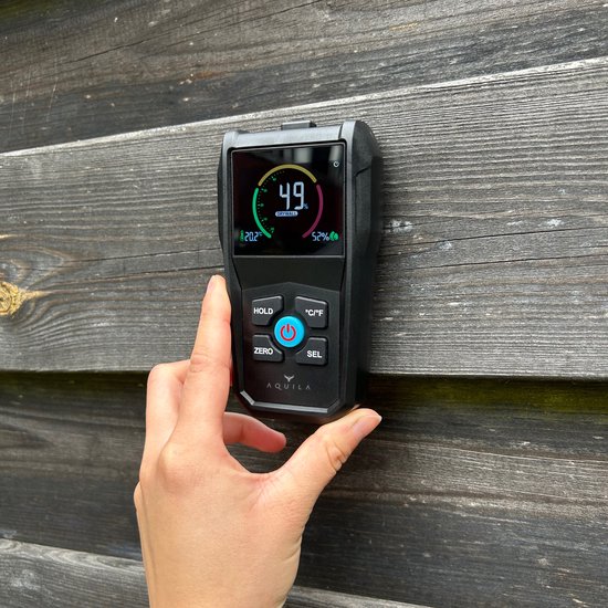 Aquila Vochtmeter voor Hout & Muren - Hygrometer Binnen Digitaal - Vochtmeters Haardhout en Pleisterwerken - Pinloze Houtvochtmeter - Vochtigheidsmeter - Incl Opbergtasje en Batterijen
