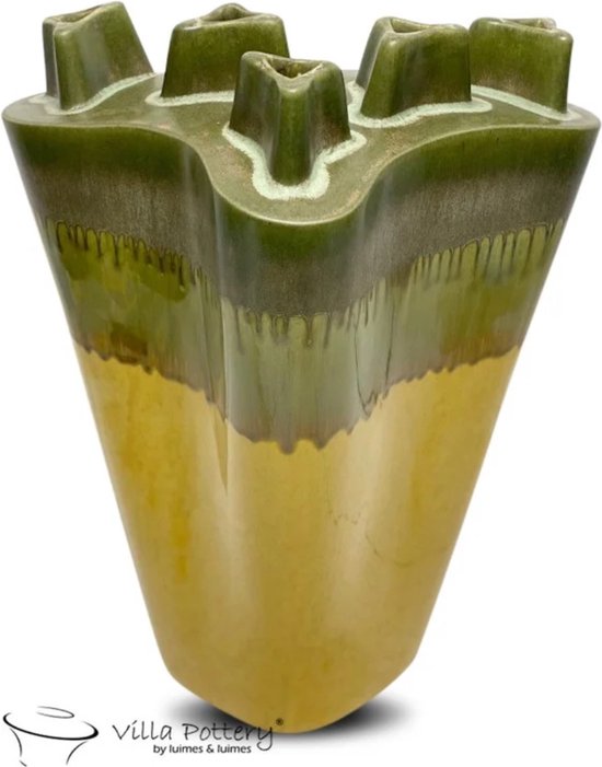 Vaas - Villa Pottery - Decoratie - Modern - Keramiek - Woondecoratie - Chimney 3 React Dark Green Reactive yellow