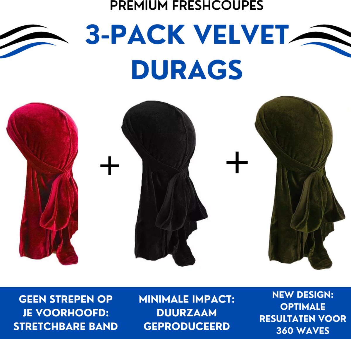 FRESHCOUPES Velvet Durag 3PACK - Rood/Zwart/Groen