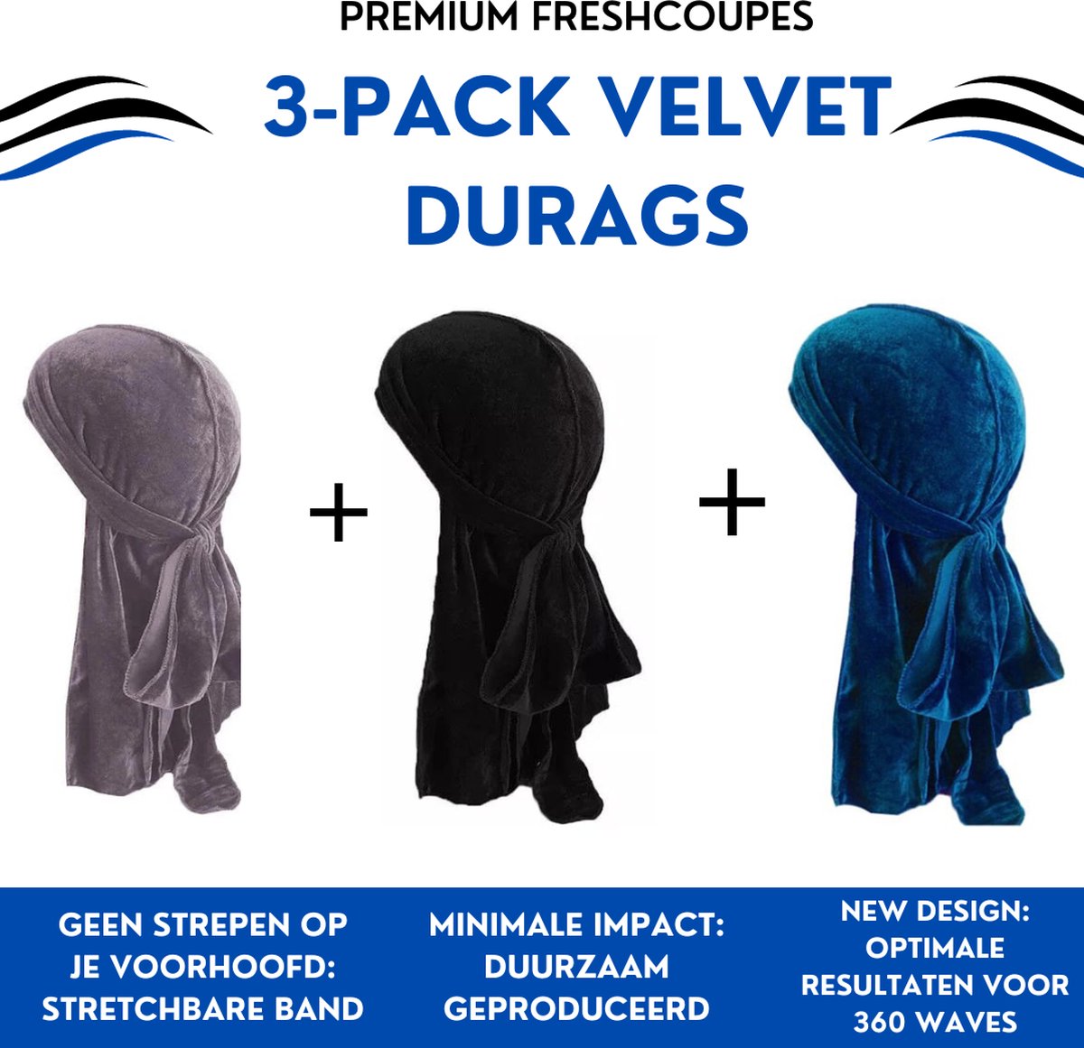 FRESHCOUPES Velvet Durag 3PACK - Zwart/Grijs/Blauw