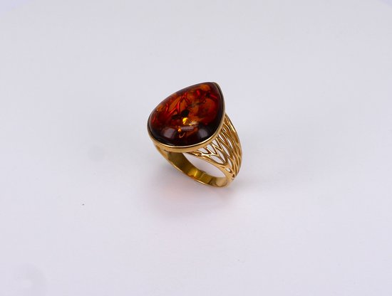 Brigada zilver sterling 925 ring 18 karaat verguld met druppelvormige cognac barnsteen amber